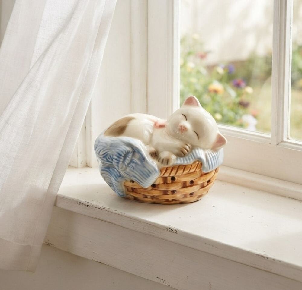 Vintage 1980s Avon Sleeping Tabby Kitten in Blue Basket Porcelain Figurine